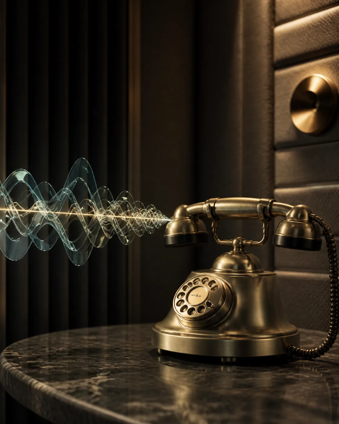 Una llamada entra en un teléfono de latón como una onda de voz con varios matices
